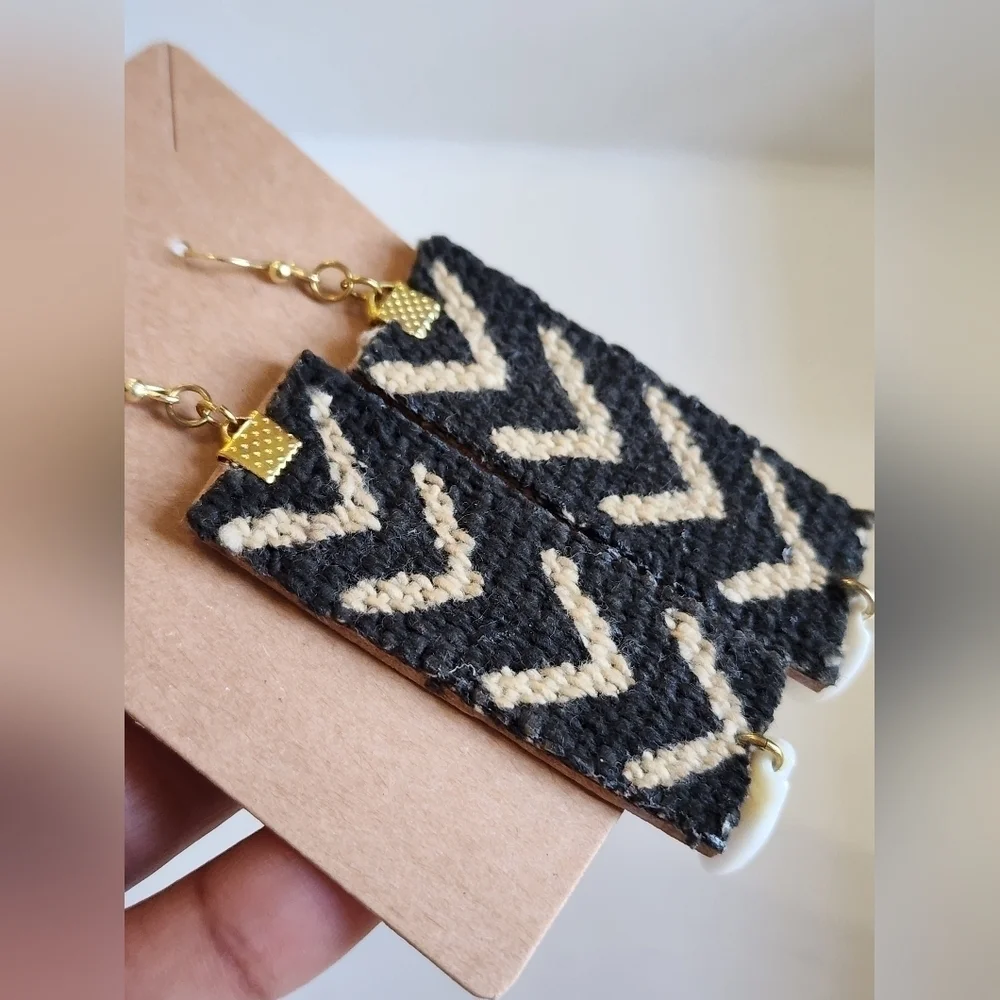 African Ethnic Woven Black & Cream Chevron Cowrie Shell Hook Earrings